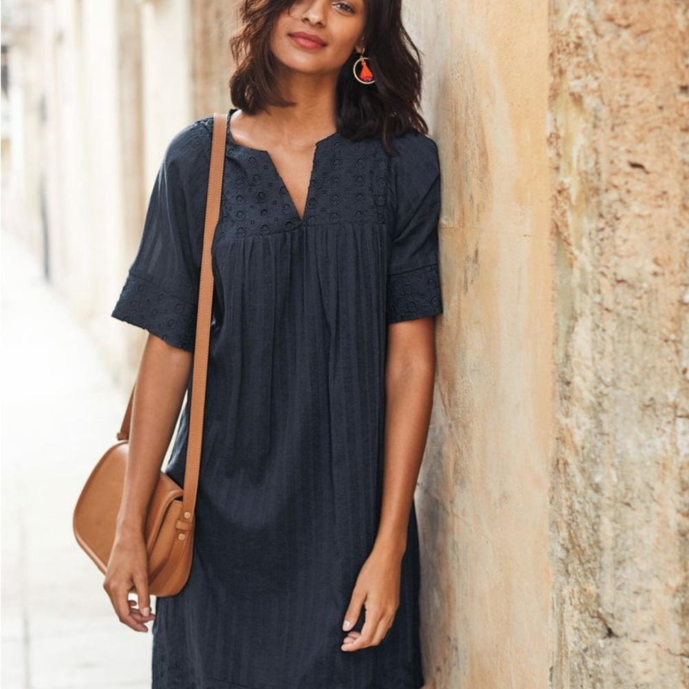 Boden Navy Eyelet-Detail Short Sleeve Dress